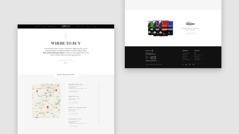 Where to Buy page on Tribute's website, along with a CTA to purchase feed on Amazon
