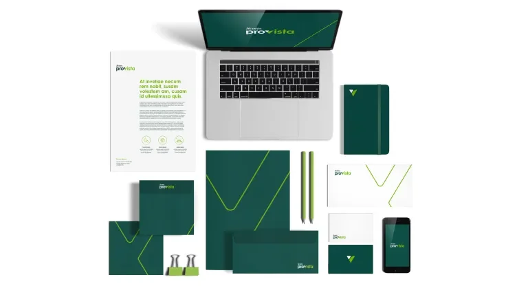 Layout of Scotts branded elements including a laptop screensaver, an example of a branded printed letter head, notebook, business card, envelopes, pens, etc