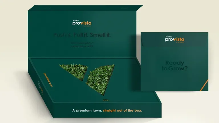 An example of Scotts Provista St. Augustine branded sales box with envelope