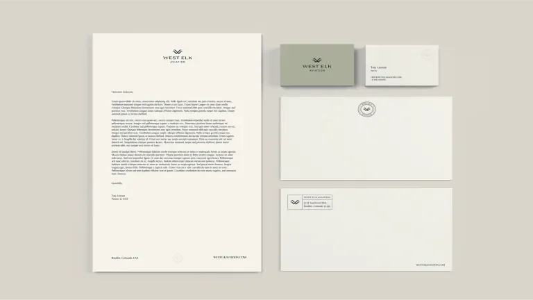 Spread of West Elk Aviation stationary including letterhead, envelopes and business cards