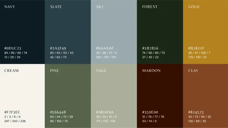 West Elk Aviation color palette including navy, slate, sky, forest, gold, cream, pine, sage, maroon and clay