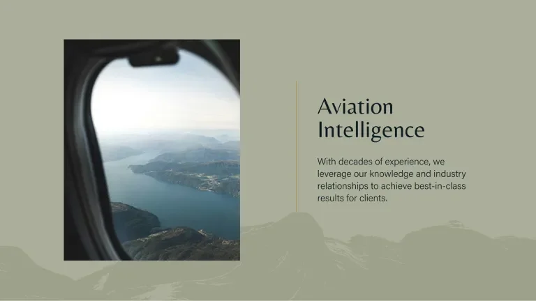 An image block with a mountainous texture on a Sage background and an image of an airplane window view with the title, "Aviation Intelligence" 
