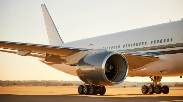 Exterior of Boeing 777 tail, left wing, and back half of the fuselage at sunset on tarmac.