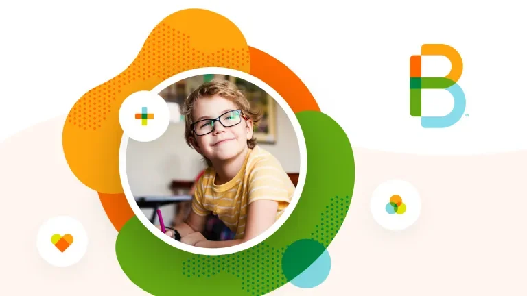 Collage of Boundless brand assets including shapes, icons, the Empowered B logo, and an image of a child in a classroom looking at the camera wearing glasses.