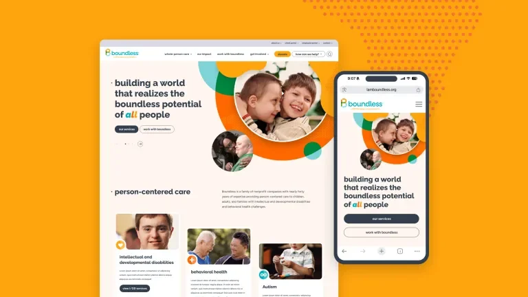 Boundless website hero in desktop and mobile views on bright yellow background.