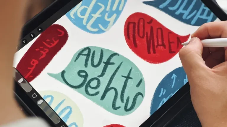 Close-up of a hand drawing the phrase "Let's Go" in various languages inside colored speech bubbles on an ipad