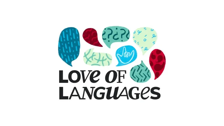 Lockup of the multi-weighted Love of Languages type treatment alongside several colored speech bubbles with expressions of language inside