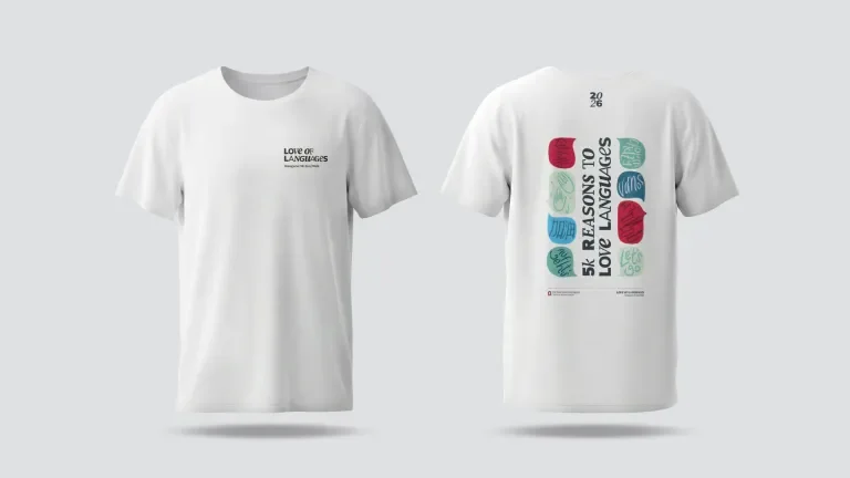 Front and back of a white shirt with Love of Languages branding applied