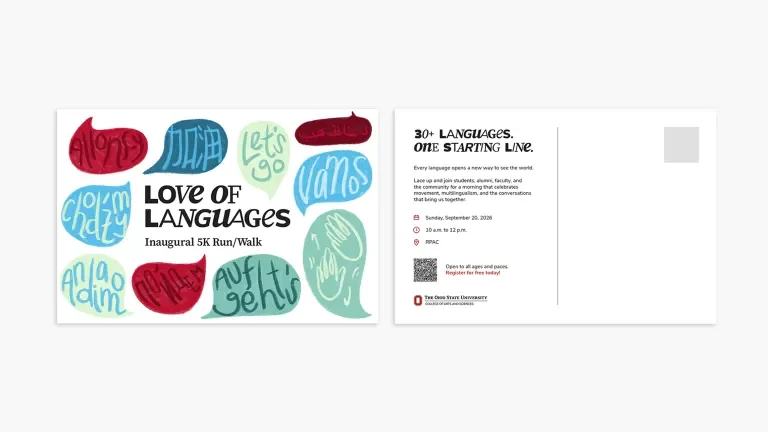 Front and back of a postcard-style invitation to the inaugural Love of Languages 5K
