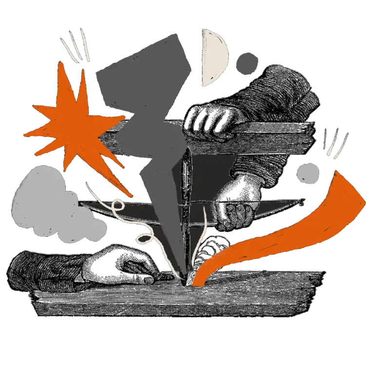 Illustration of hands work together with abstract elements surrounding them