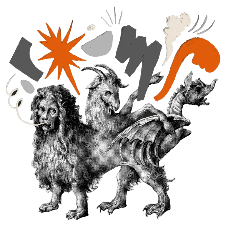 Illustration of abstract elements surrounding three-headed creature