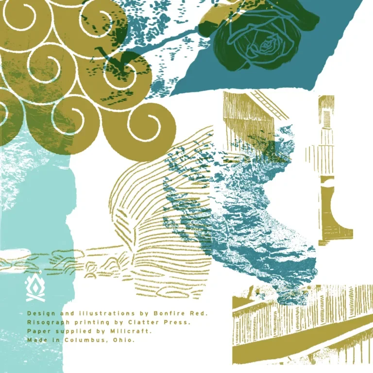 cover of the notebook showing pieces of various postcards in olive and teal