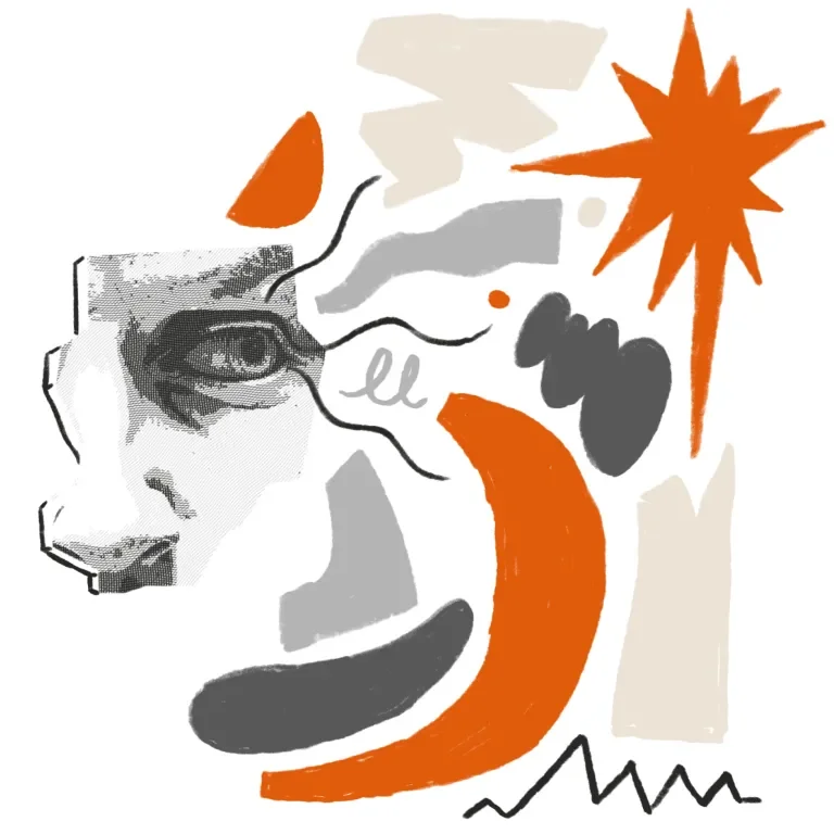 Illustration of eye and nose with abstract elements surrounding them