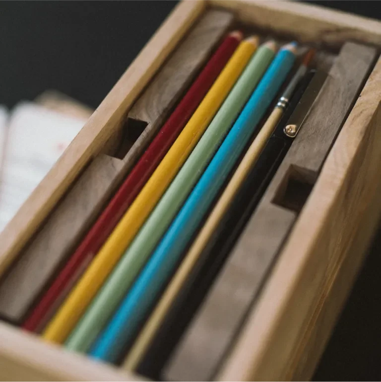 Close-up of tray in bento box with colored pencils, a pen and a brush