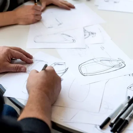 Two people at a table sketching on paper