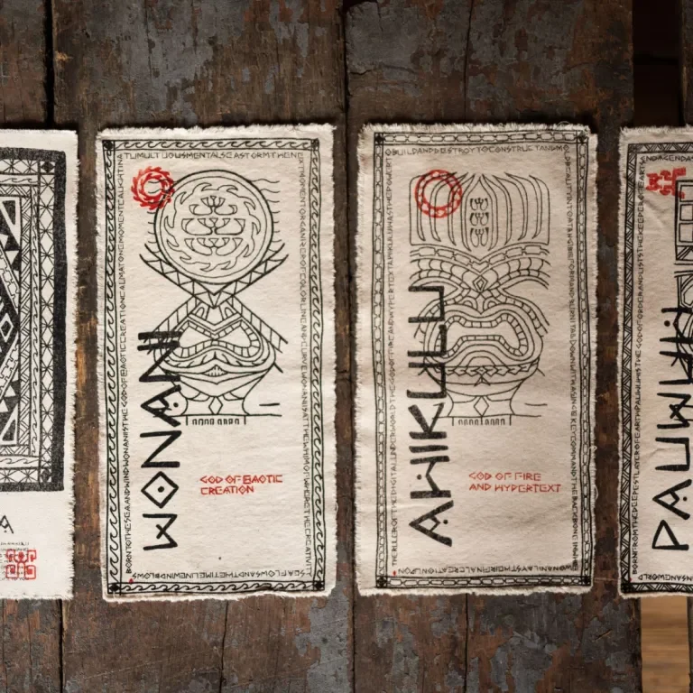 Screenprinted cloth inserts that show the tiki figures with their name and title