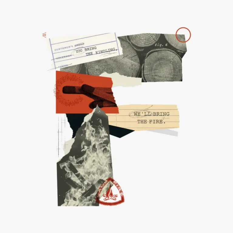Collage featuring photos of stacked logs, matches and a bonfire making the letter 'f'