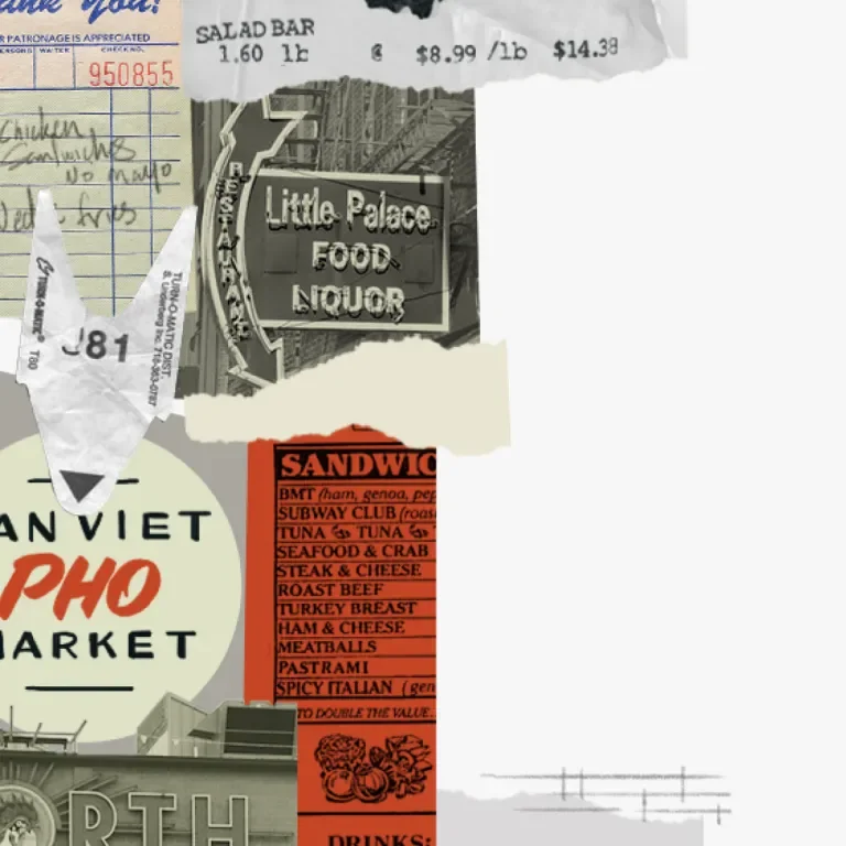 Collage of receipts and signs from various eateries