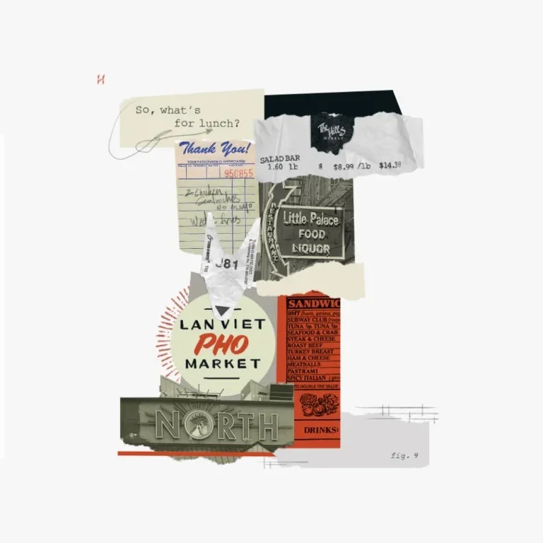 Collage of receipts and signs from various eateries forming the letter 'i'