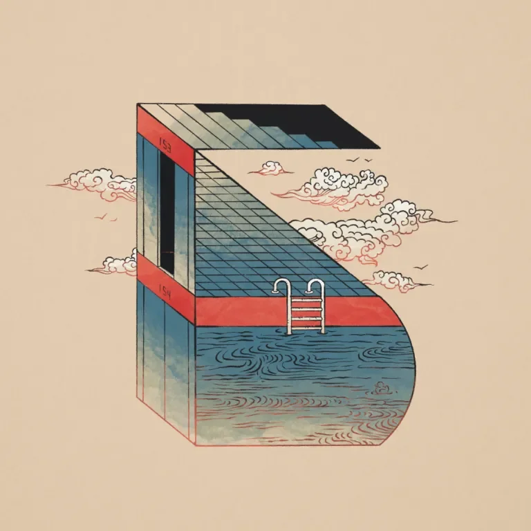 the letter 'b' comprised of a descending staircase, numbered doors and a pool with a ladder leading up to a platform, accented by clouds in the background