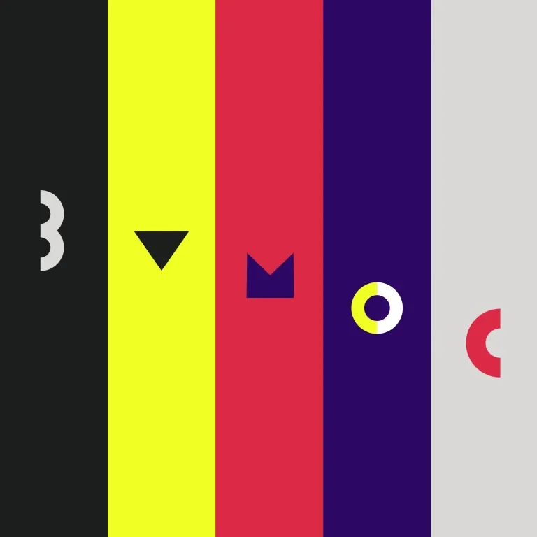 Colored stripes with abstract letters spelling out BYMOC