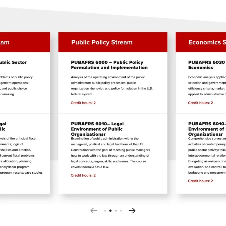 Series of cards each containing a course information based on a selected stream, the Public Policy steam is highlighted