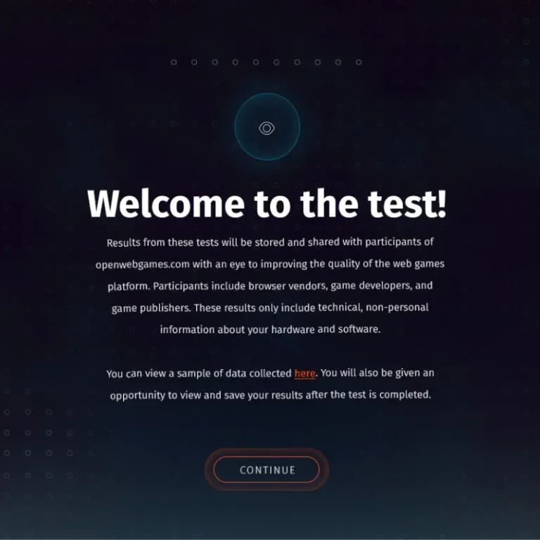 Welcome message when starting a web test on the Open Web Games website.