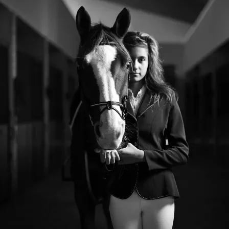 Black and white shot of a woman standing next to a horse
