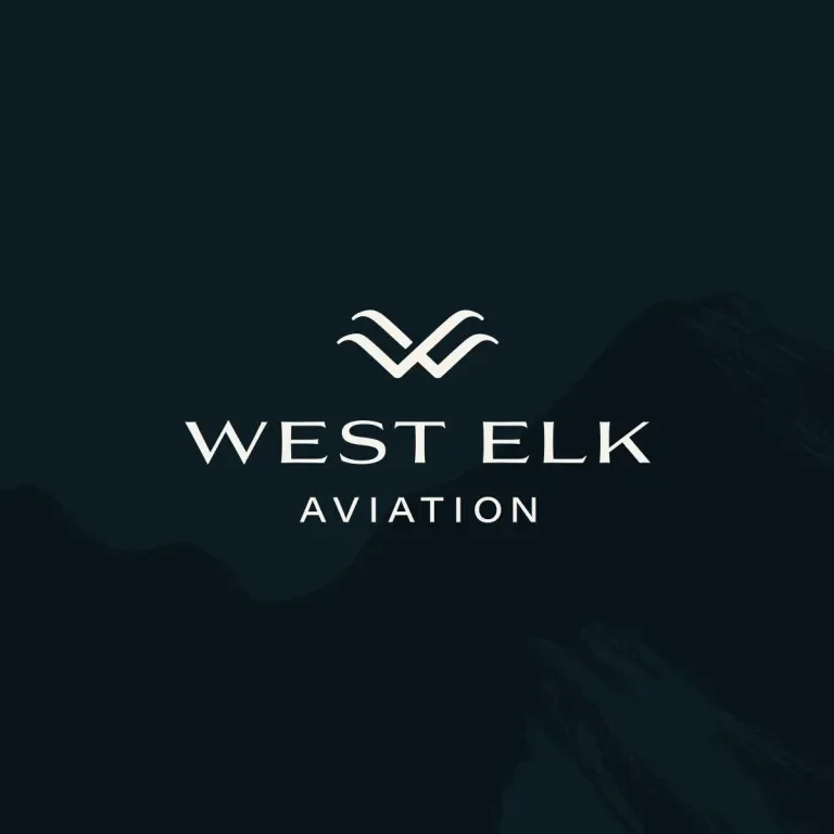 West Elk Aviation logo on navy against a ghosted mountain pattern