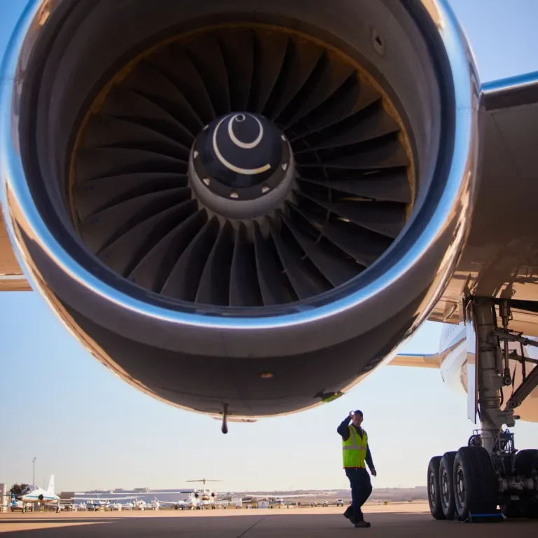 Gridiron Air mechanic inspecting the engine of a Boeing 777 before takeoff.