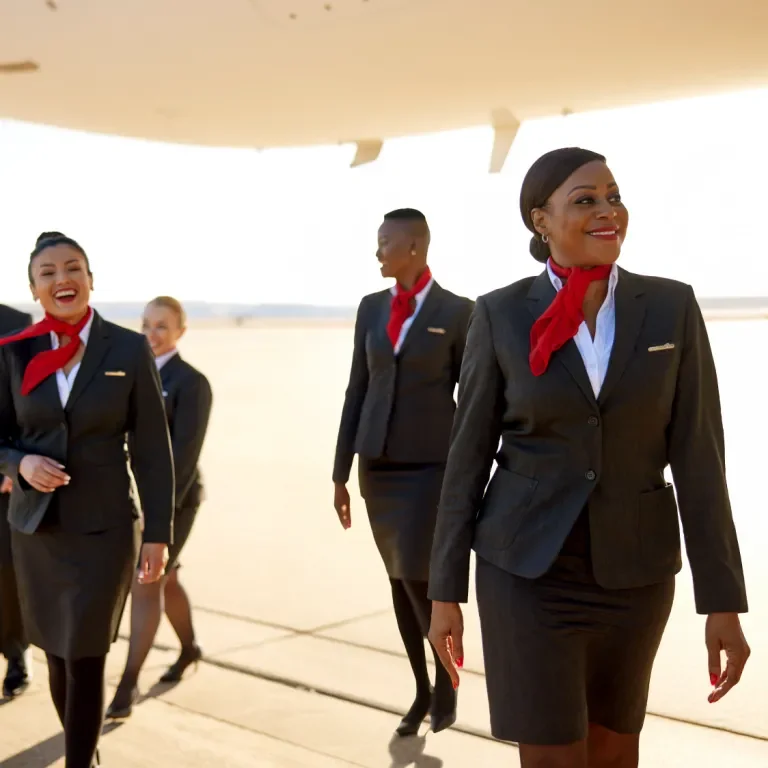 Smiling flight attendants walking on tarmac under belly of a Boeing 777 aircraft.