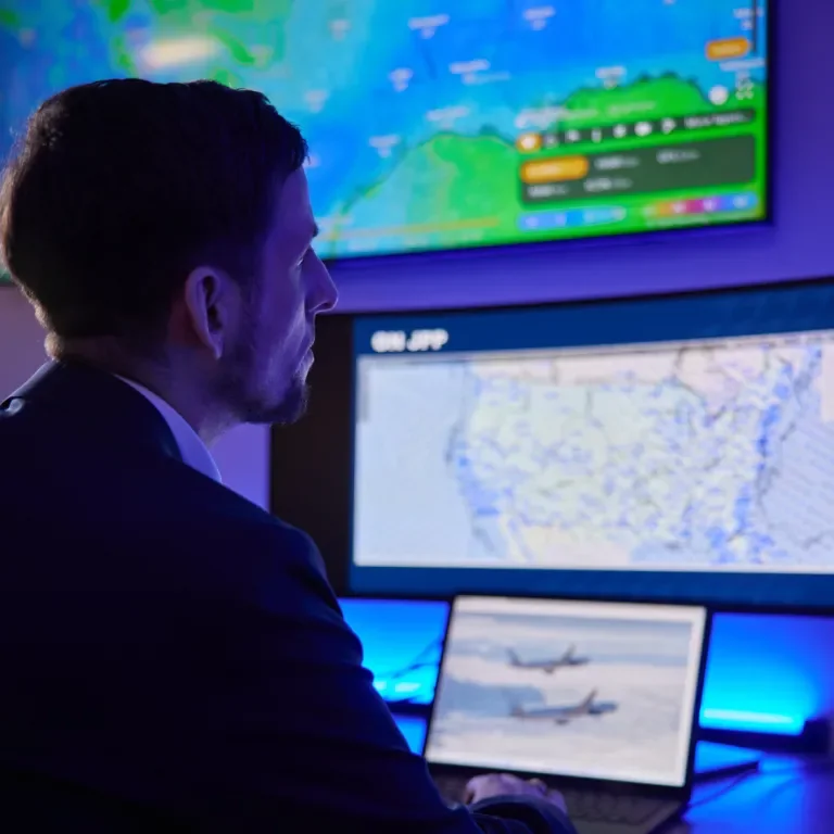 Flight follower tracking flight and weather status on multiple monitors.