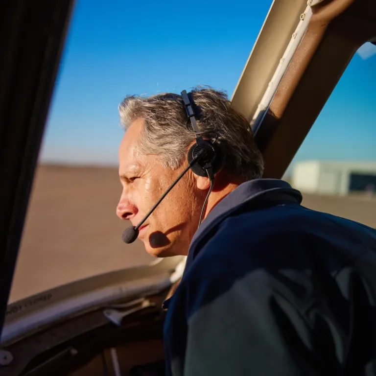 Gridiron Air chief pilot looks out left side of aircraft window, bright blue sky in background.