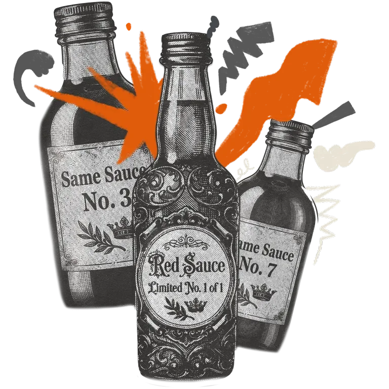 Three bottles of sauce surrounded by graphical elements, two in the background are plain bottles labeled as "same sauce" while the one in the foreground is flourished with a "Red Sauce limited 1 of 1" label