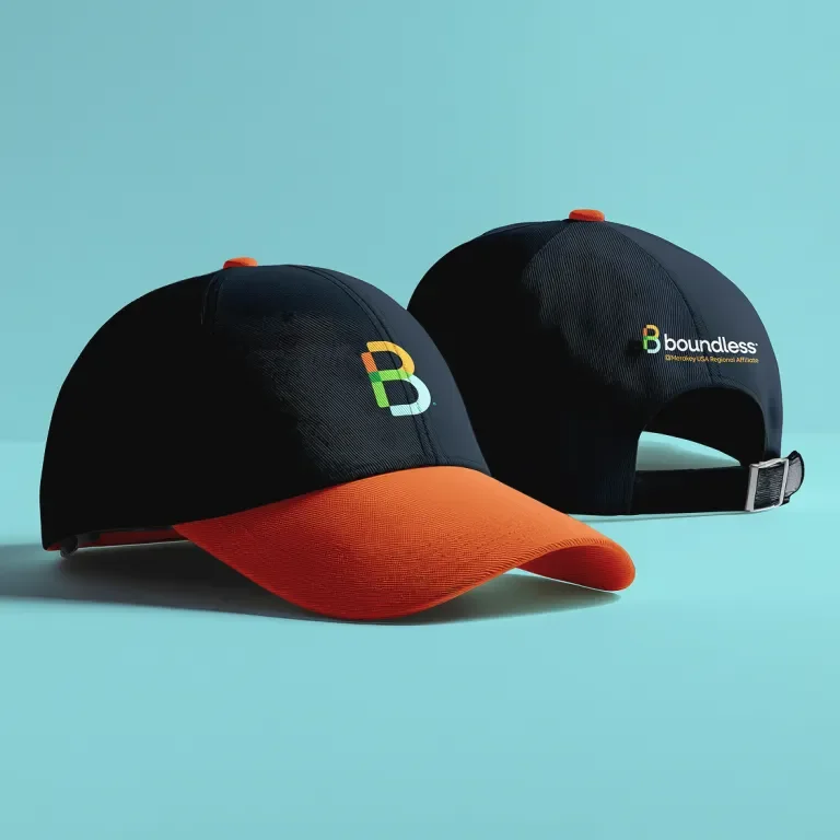 Navy hat with orange bill, Boundless logo is printed on it.