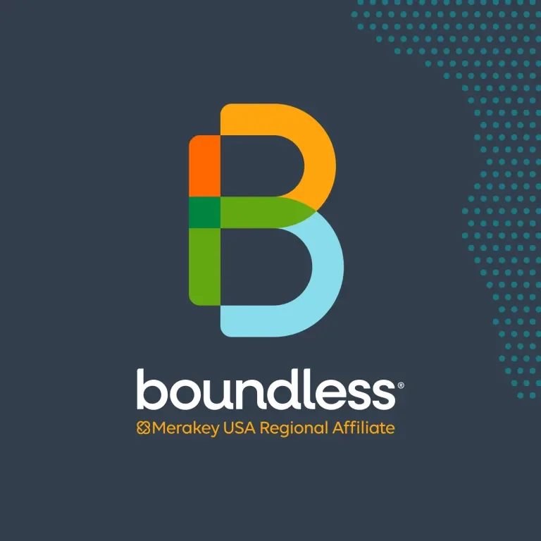Vertical stack of the new Boundless logo on navy background with dot pattern. 