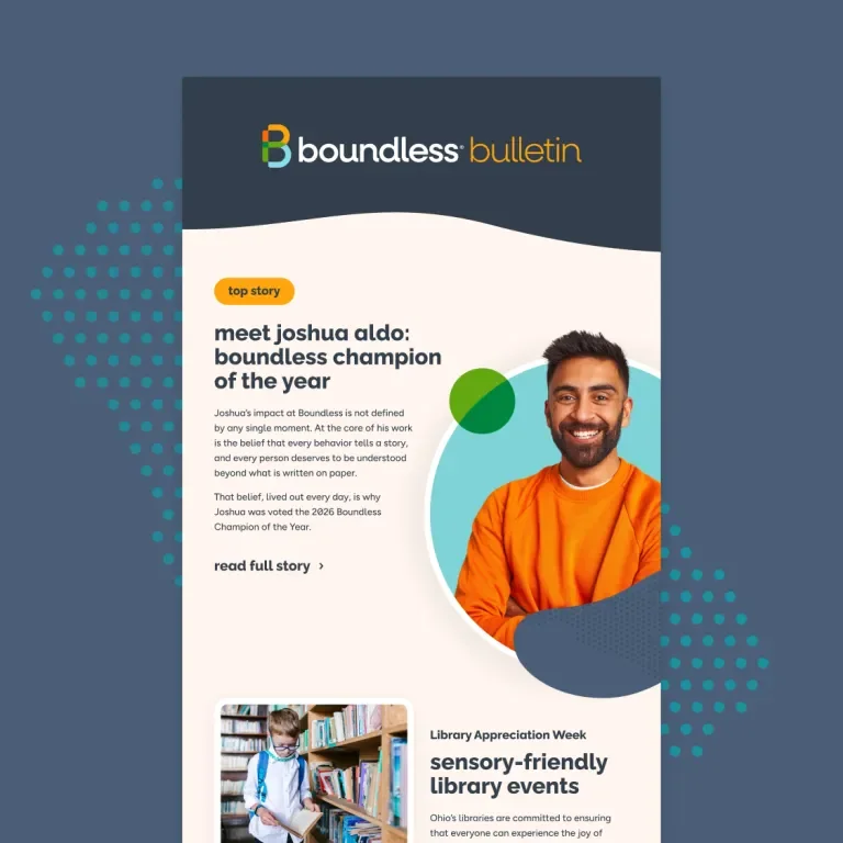 Boundless newsletter template example on bright teal background.