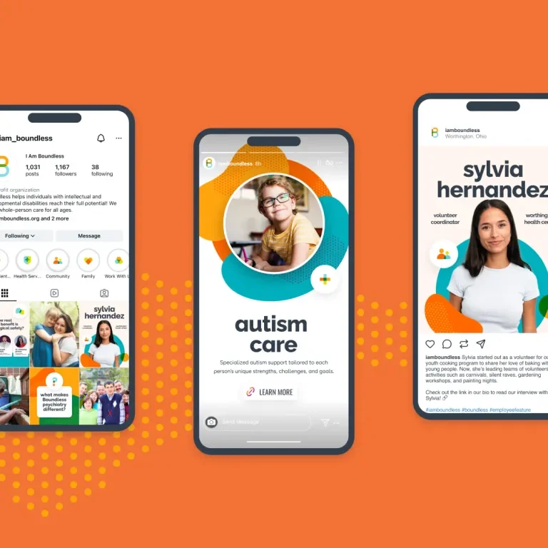 Boundless social media example posts on bright orange background.