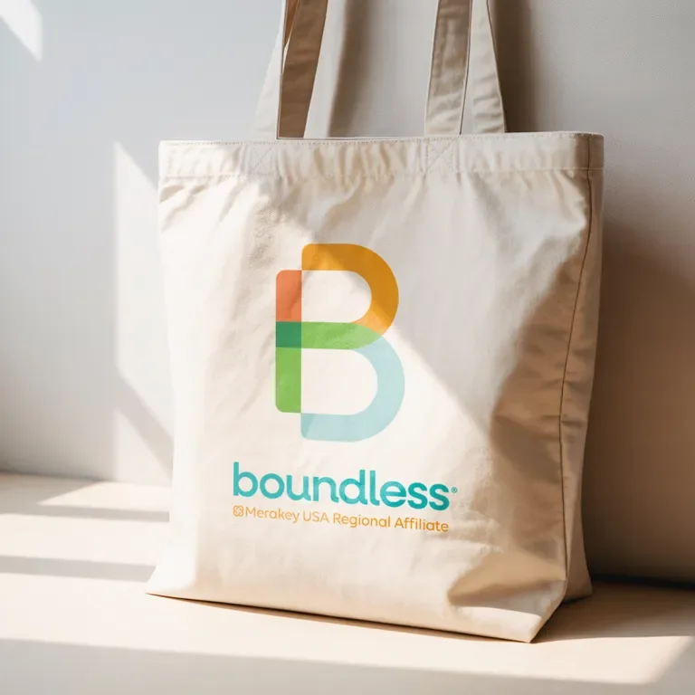 Tote bag with Boundless logo printed on it. 