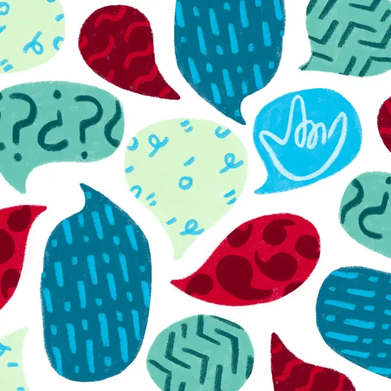 Collage of blue, green and red speech bubbles with various punctuation symbols or expressions inside each