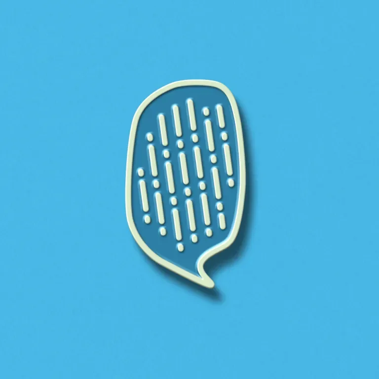 A blue and white enamel pin with exclamation marks inside against a blue background