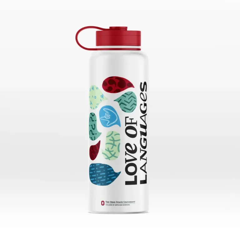 A water bottle with Love of Languages branding applied