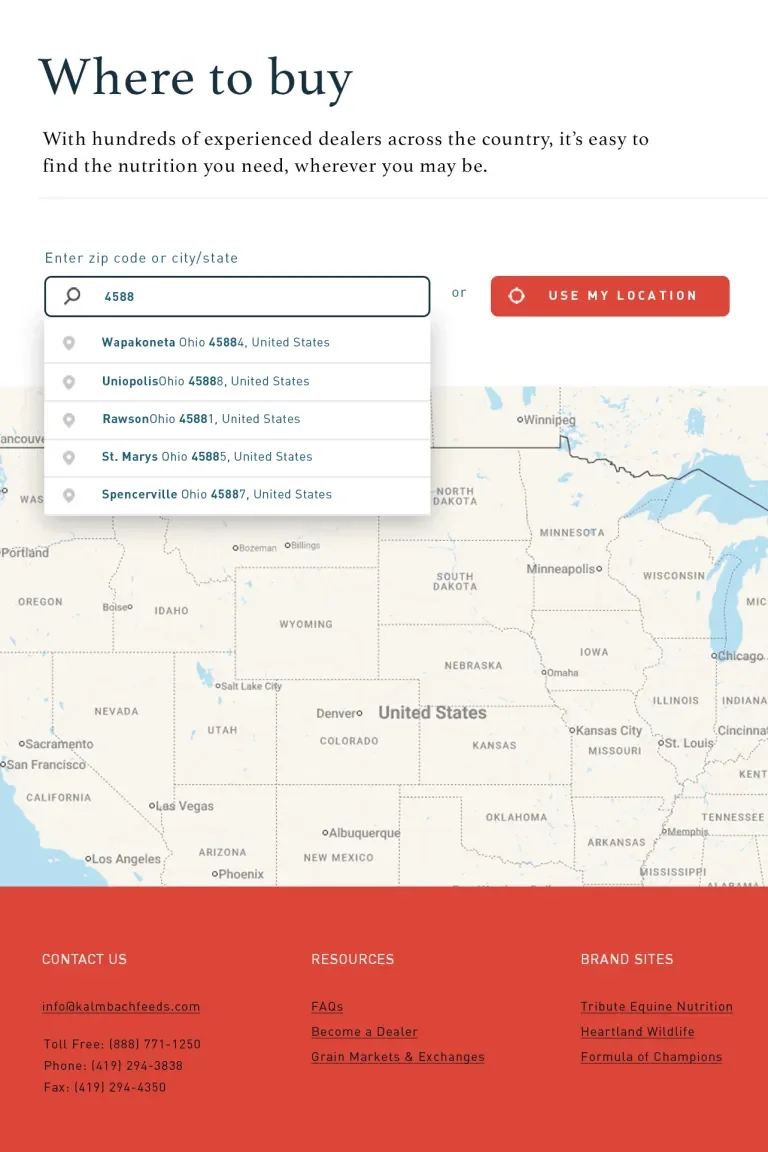 screenshot showing the kalmbach dealer zip code lookup