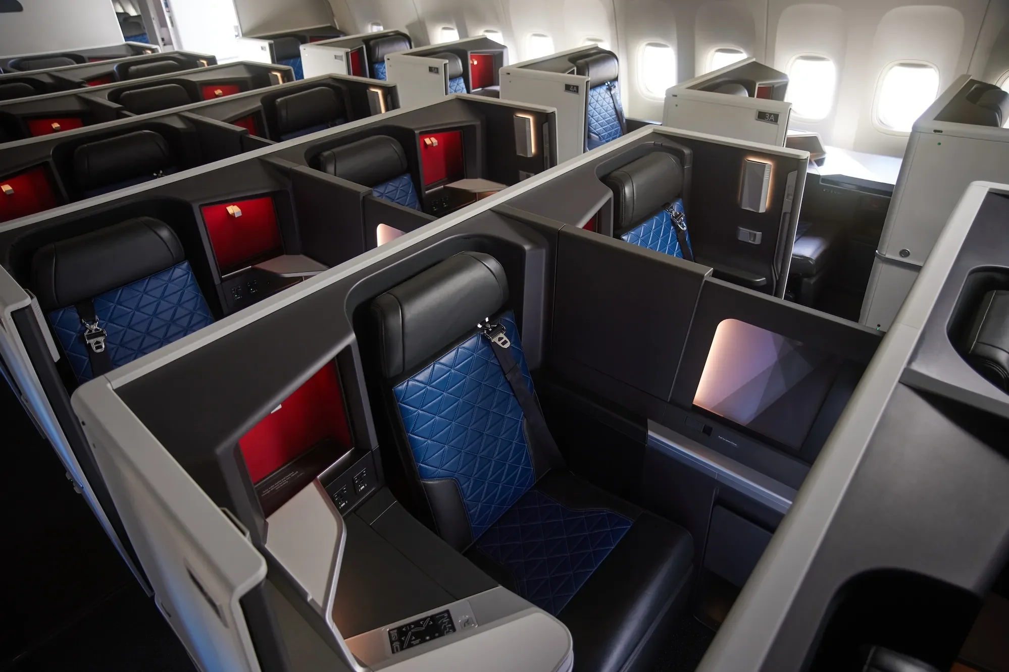 Lay-flat seats inside a Boeing 777-200ER