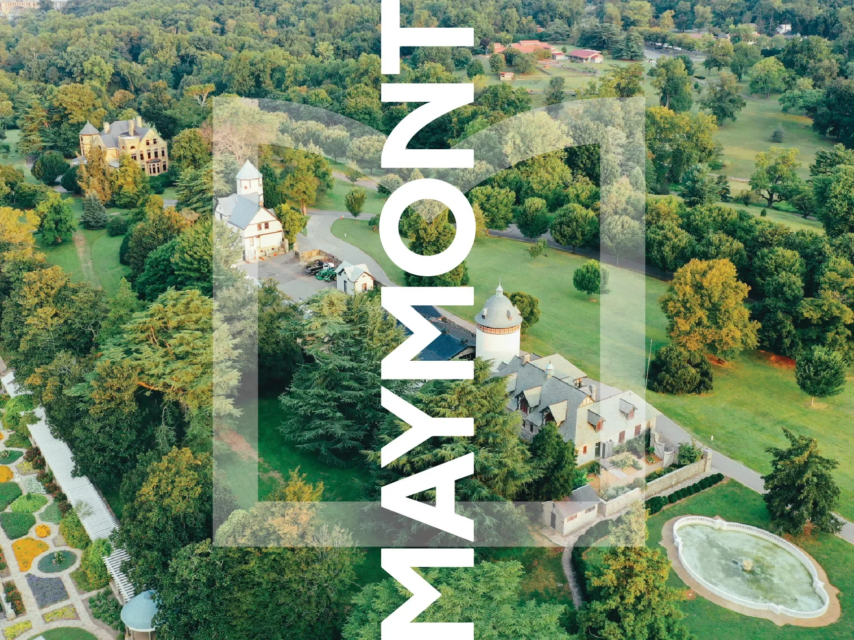 maymont's new logo over top an aerial view of the park