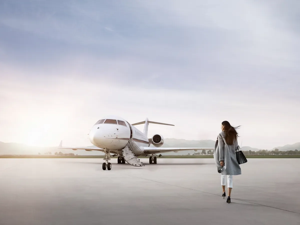Well-dressed woman walking toward plane during sunrise