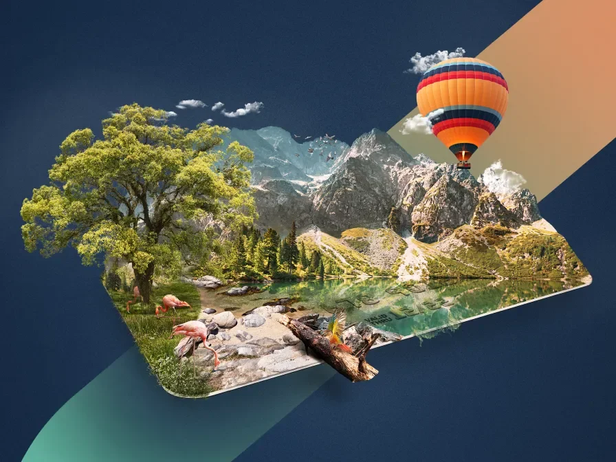 3D representation of a First Federal card serving as the base of an outdoor spaces with trees, mountains, streams, animals and a hot air balooon
