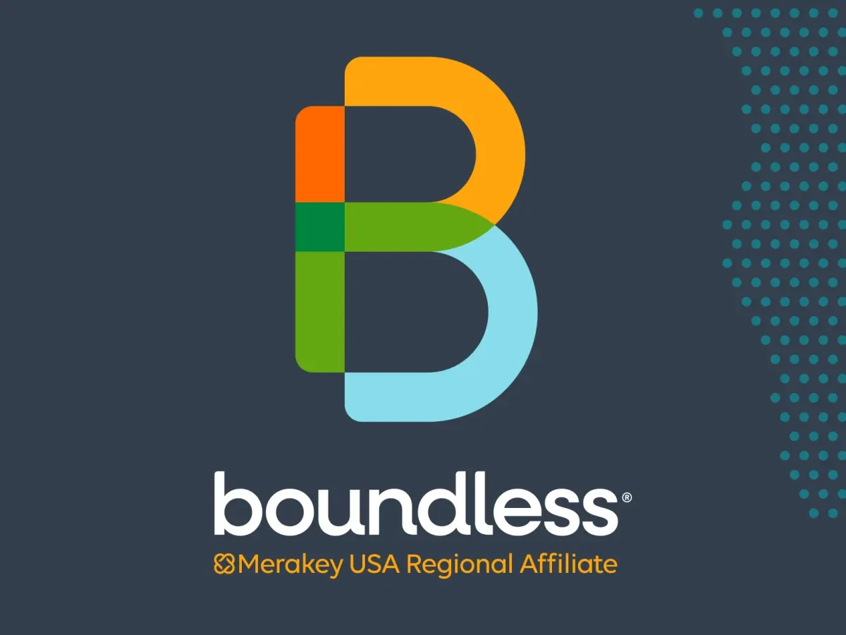 Vertical stack of the new Boundless logo on navy background with dot pattern. 