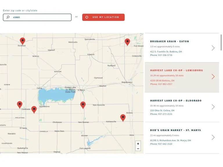 screenshot showing a dealer list based on a given zip code