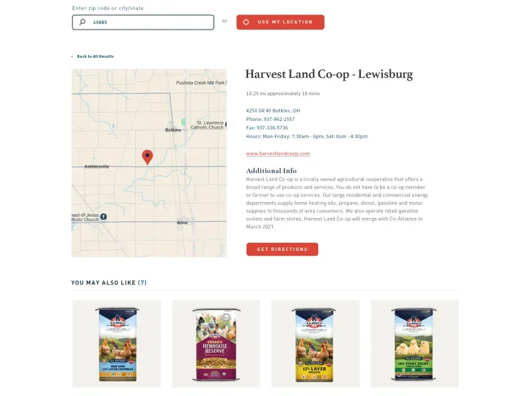 screenshot showing a dealer detail page with description, address and phone number